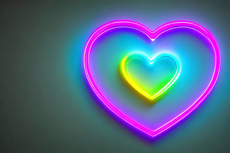 The heart shapes on abstract light neon glitter background in love concept for valentines day with sweet and romantic. Neon heart glowing background space for text. Design and digital material.の写真素材
