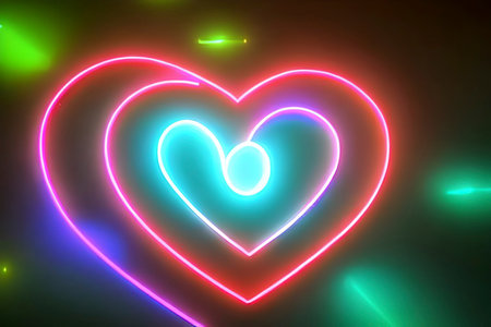 The heart shapes on abstract light neon glitter background in love concept for valentines day with sweet and romantic. Neon heart glowing background space for text. Design and digital material.の写真素材