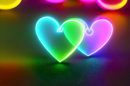 The heart shapes on abstract light neon glitter background in love concept for valentines day with sweet and romantic. Neon heart glowing background space for text. Design and digital material.の写真素材