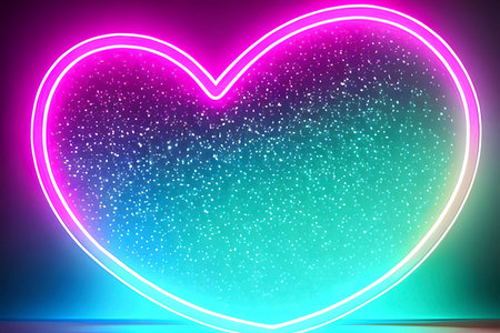 The heart shapes on abstract light neon glitter background in love concept for valentines day with sweet and romantic. Neon heart glowing background space for text. Design and digital material.の写真素材