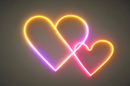 The heart shapes on abstract light neon glitter background in love concept for valentines day with sweet and romantic. Neon heart glowing background space for text. Design and digital material.の写真素材