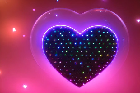 The heart shapes on abstract light neon glitter background in love concept for valentines day with sweet and romantic. Neon heart glowing background space for text. Design and digital material.の写真素材