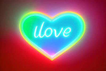 The heart shapes on abstract light neon glitter background in love concept for valentines day with sweet and romantic. Neon heart glowing background space for text. Design and digital material.の写真素材