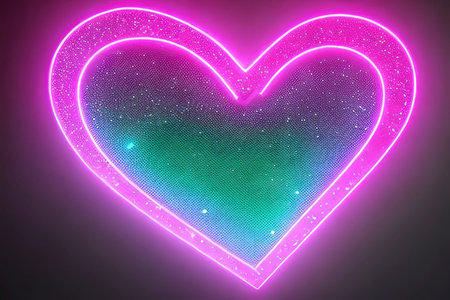 The heart shapes on abstract light neon glitter background in love concept for valentines day with sweet and romantic. Neon heart glowing background space for text. Design and digital material.の写真素材