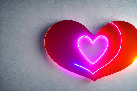 The red Heart shapes on abstract light neon glitter background in love concept for valentines day with sweet and romantic. Neon heart glowing background space for text. Design and digital material.の写真素材