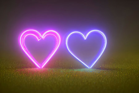 The heart shapes on abstract light neon glitter background in love concept for valentines day with sweet and romantic. Neon heart glowing background space for text. Design and digital material.の写真素材