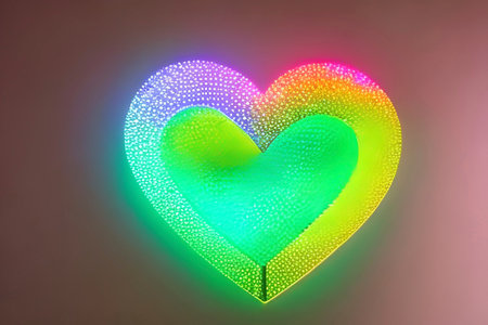 The heart shapes on abstract light neon glitter background in love concept for valentines day with sweet and romantic. Neon heart glowing background space for text. Design and digital material.の写真素材