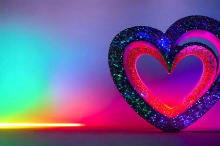 The heart shapes on abstract light neon glitter background in love concept for valentines day with sweet and romantic. Neon heart glowing background space for text. Design and digital material.の写真素材