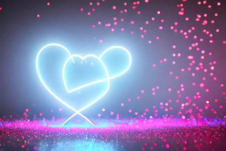 The heart shapes on abstract light neon glitter background in love concept for valentines day with sweet and romantic. Neon heart glowing background space for text. Design and digital material.の写真素材