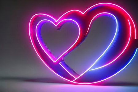 The heart shapes on abstract light neon glitter background in love concept for valentines day with sweet and romantic. Neon heart glowing background space for text. Design and digital material.の写真素材