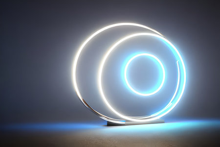 Standing bright center white circle neon light background and backdrop.
