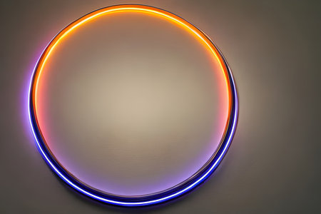 Bright orange and violet circle neon light background and backdrop.の写真素材