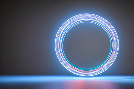 Standing bright center blue circle neon light background and backdrop.