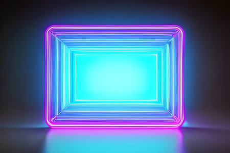 Bright blue and violet rectangle standing neon light backdrop and background.の写真素材