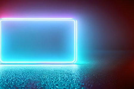 Bright blue rectangle standing neon light backdrop and background.の写真素材