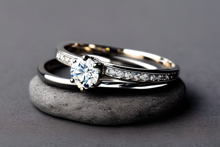 Captivating close up shot of two wedding rings, delicately intertwined to symbolize the everlasting...