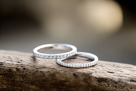 Captivating close up shot of two wedding rings, delicately intertwined to symbolize the everlasting bond of love and commitment. Jewelry gold diamond ring for anniversary, valentine, or engagementの写真素材