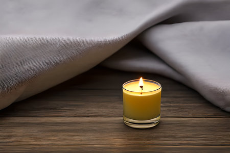 A captivating close up of a yellow candle capture the essence of relaxation, peace, elegance and grace for wedding, invitations, spiritual or religious project, including home decor, or any occasionの写真素材