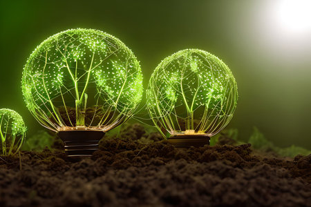 Abstract light soil and light bulb with glowing plant energy. Renewable energy concept, green energy concept, energy saving concept, and environmentally friendly.の素材