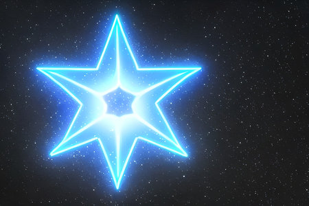 Blue star shape neon line space background with some empty space.の素材