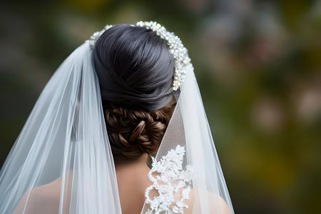 Close up detail a bride from behind in a white wedding dress.の写真素材