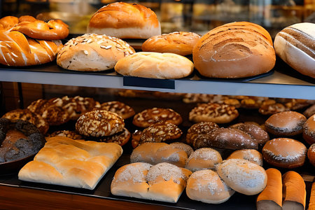 Various bread selling at the display bakery shop shelf.
