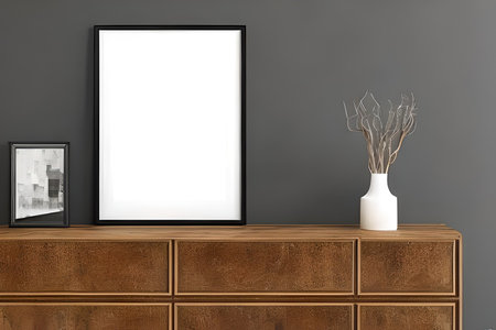 A mockup simple photo frame at the cabinet drawer.の写真素材