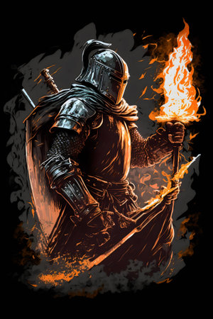 An illustration of fire wizard warrior with holdoing burning fire sword and flame background or fantasy and game character. Good for t-shirt, mug, poster, bed cover, pillow, phone case and other.の素材