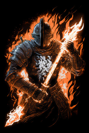 An illustration of fire wizard warrior with holdoing burning fire sword and flame background or fantasy and game character. Good for t-shirt, mug, poster, bed cover, pillow, phone case and other.の素材