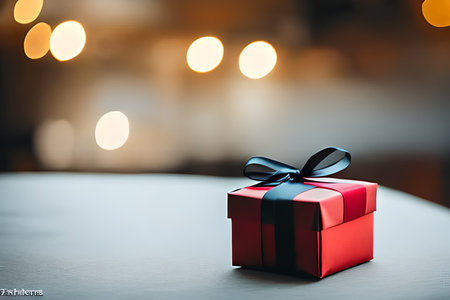 Small cute red gift box with bokeh background with some negative space to put text, background and backdrop.の写真素材