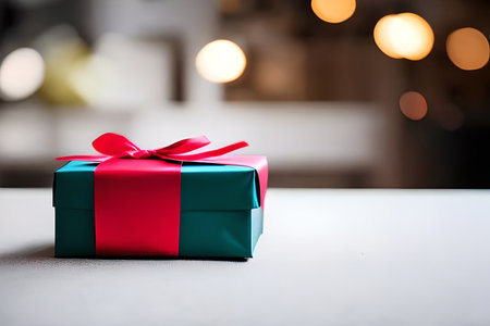 Small cute green gift box and red tape ribbon with bokeh background with some negative space to put...
