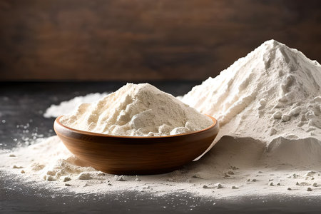 A bowl of flour and heap of flour on the table, studio shot and marketing presentation.の写真素材