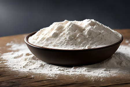 A bowl of flour on the table, studio shot and marketing presentation.の写真素材