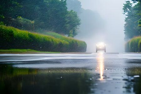 Heavy rain drop at middle of the road surface bokeh background.の写真素材