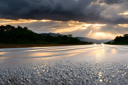Sunset from the view of the middle road background with nature green at the right and left of the road.の写真素材
