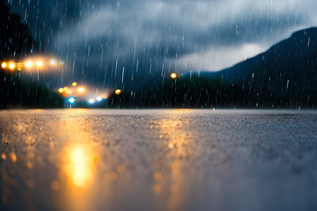 Heavy rain drop at middle of the road surface bokeh background.
