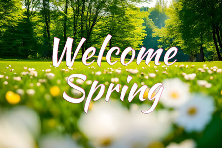 Welcome spring seasonal greetings wallpaper background for banner and commercial, beautiful nature flower and green with some sunrise.の写真素材