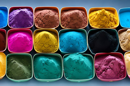 Colorful powder in a plastic container. Happy Holi decoration, the Indian festival.の写真素材