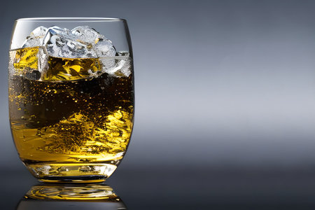A glass of whiskey liquor with ice studio commercial promotion and marketing product background.の写真素材
