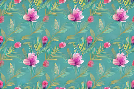 Abstract blue flower and leaves seamless pattern background. Flower and leaf clip illustration...