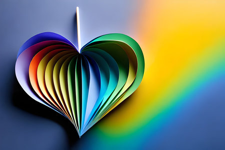 Rainbow colored paper cut out in the love heart shape. Paper art rainbow heart background with 3d effect, heart shape in vibrant colors, vector illustration.の写真素材