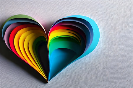 Rainbow colored paper cut out in the love heart shape. Paper art rainbow heart background with 3d...