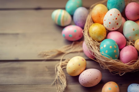 Happy Easter Day background and backdrop, cute bunny rabbit, ornament, and colorful egg, copy space greeting and backdrop, banner, rustic vintage design material. Celebrate Easter.の写真素材