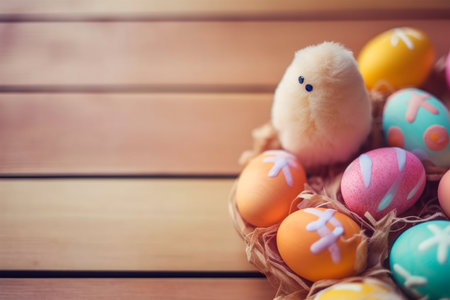 Happy Easter Day background and backdrop, cute bunny rabbit, ornament, and colorful egg, copy space greeting and backdrop, banner, rustic vintage design material. Celebrate Easter.の写真素材