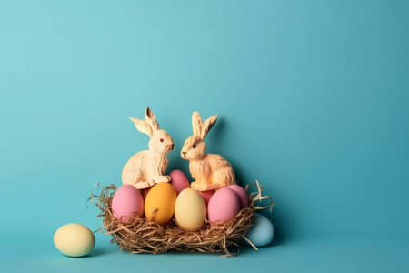 Happy Easter Day background and backdrop, cute bunny rabbit, ornament, and colorful egg, copy space greeting and backdrop, banner, rustic vintage design material. Celebrate Easter.の写真素材