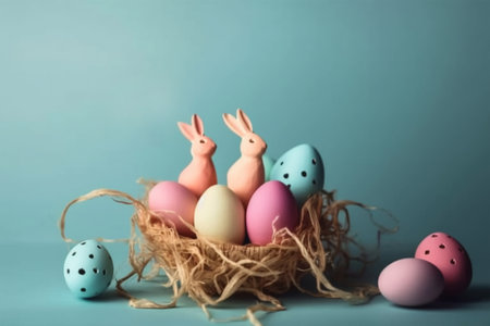 Happy Easter Day background and backdrop, cute bunny rabbit, ornament, and colorful egg, copy space greeting and backdrop, banner, rustic vintage design material. Celebrate Easter.の写真素材
