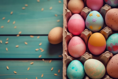 Happy Easter Day background and backdrop, cute bunny rabbit, ornament, and colorful egg, copy space greeting and backdrop, banner, rustic vintage design material. Celebrate Easter.の写真素材