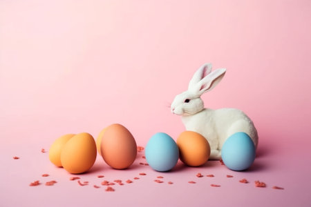 Happy Easter Day background and backdrop, cute bunny rabbit, ornament, and colorful egg, copy space greeting and backdrop, banner, rustic vintage design material. Celebrate Easter.の写真素材