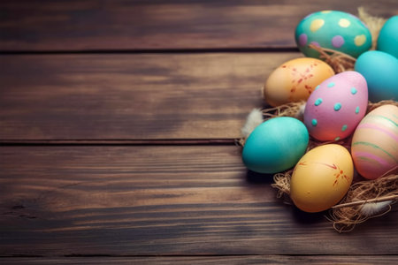 Happy Easter Day background and backdrop, cute bunny rabbit, ornament, and colorful egg, copy space...