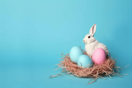 Happy Easter Day background and backdrop, cute bunny rabbit, ornament, and colorful egg, copy space greeting and backdrop, banner, rustic vintage design material. Celebrate Easter.の写真素材